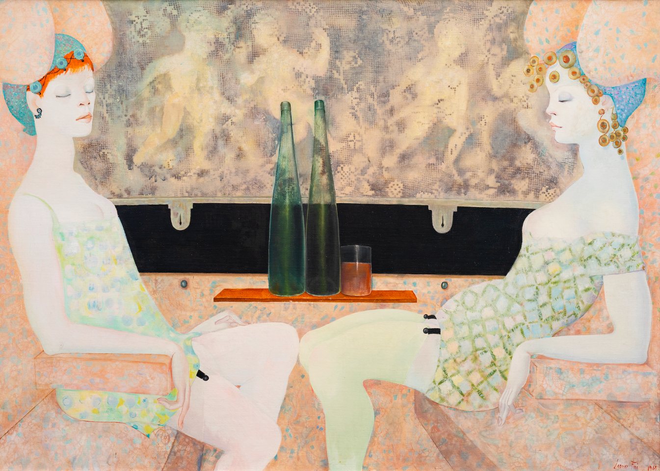 Leonor Fini: Two sleeping women sit facing each other in a train compartment, with two bottles and a glass between them.